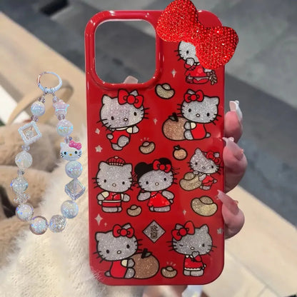 New Year's Ingots Red Hello Kitty Diamond Bow Phone Case For iPhone