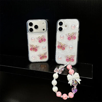 Korean 3D Pink Butterfly Pattern Glitter Drop Glue With Chain Phone Case For iPhone