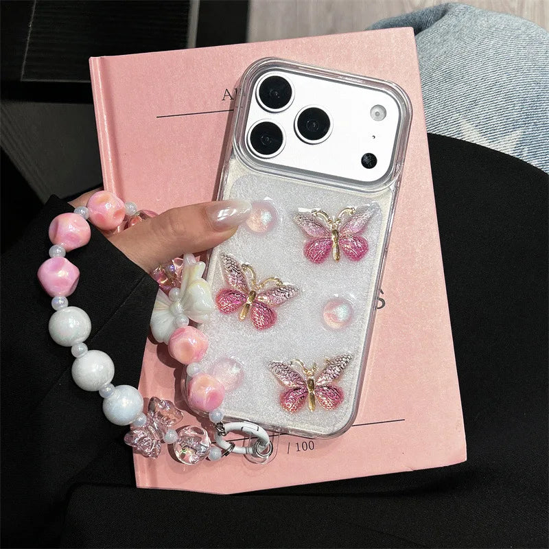 Korean 3D Pink Butterfly Pattern Glitter Drop Glue With Chain Phone Case For iPhone