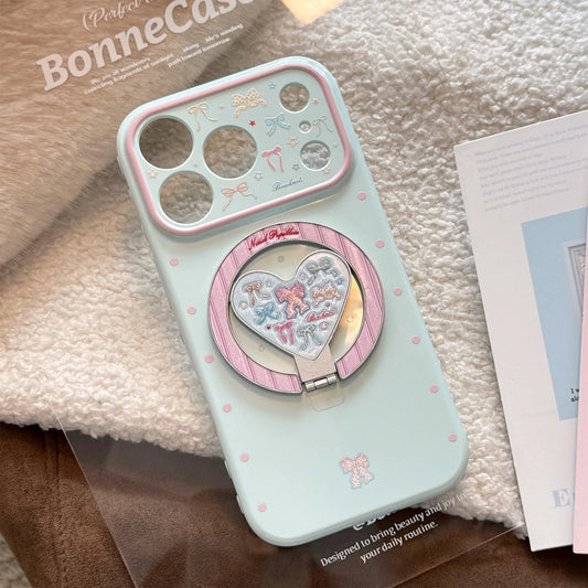 Korean Fold Love Heart Glitter Colorful Bowknot Magnetic Holder Phone Case For iPhone