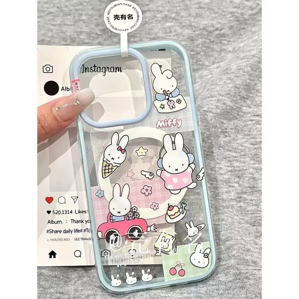 Cartoon Driving Miffy Phone Case Kawaii Listening Music Miffy Rabbit Magnetic Bracket Phone Case Suitable For iPhone