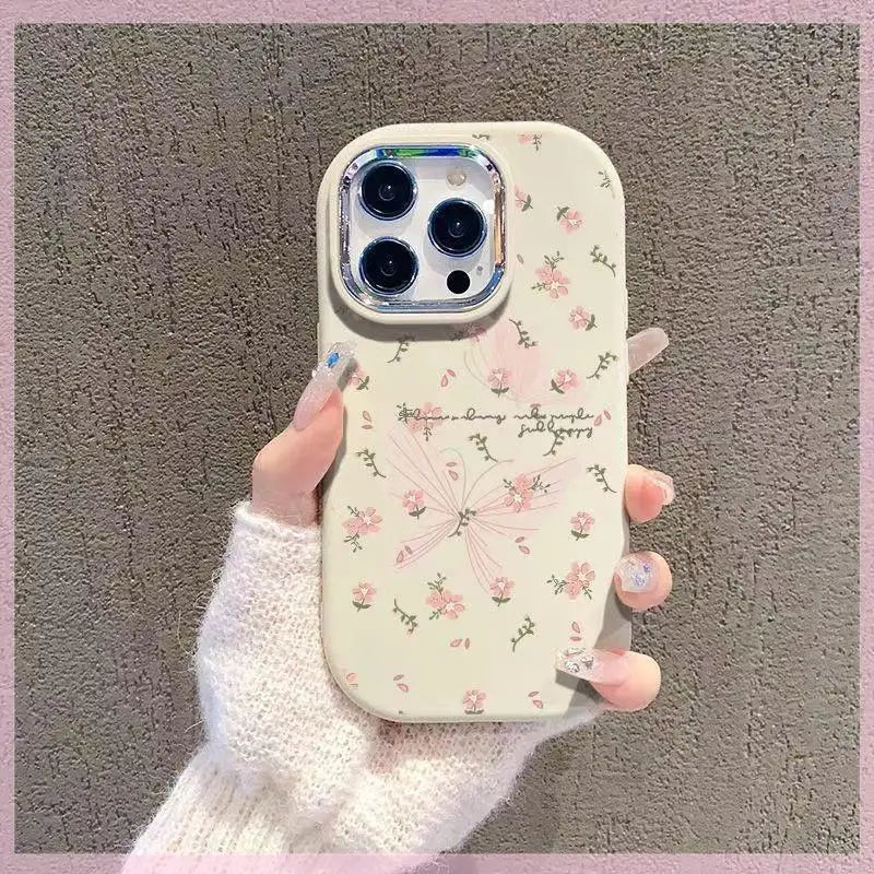 Silicone Plating Metal Lens Art Dreamy Butterfly Flower Cover Case For IPhone Case