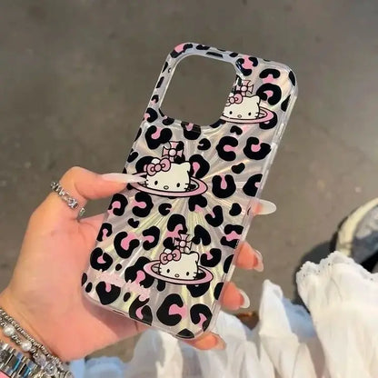 Sanrio Hello Kitty Bow Pink Lepard Print Phone Case For iPhone