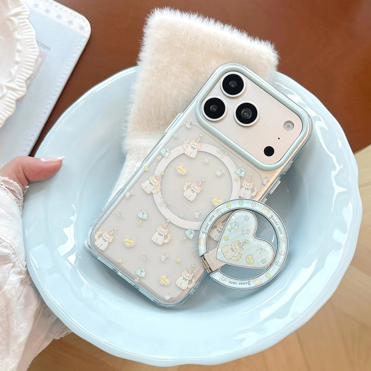 Korean Cartoon Kitten Fold 360° Rotate Magnetic Bracket Phone Case For iPhone