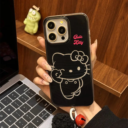 Black Wink Hello Kitty Bow Strap Stand Phone Case For iPhone