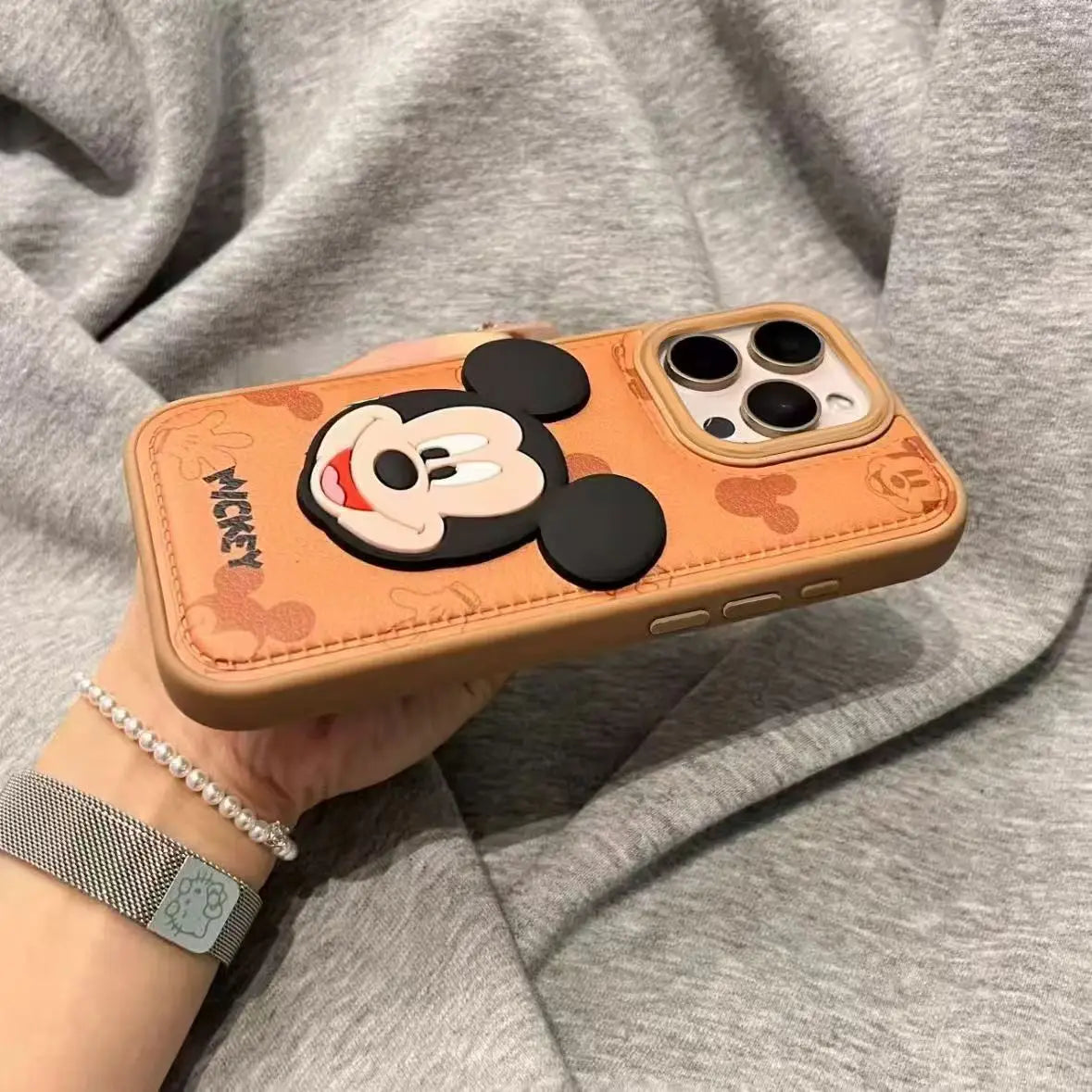 Cute 3D Mickey Mouse Leather Pattern Phone Case Compatible with iPhone