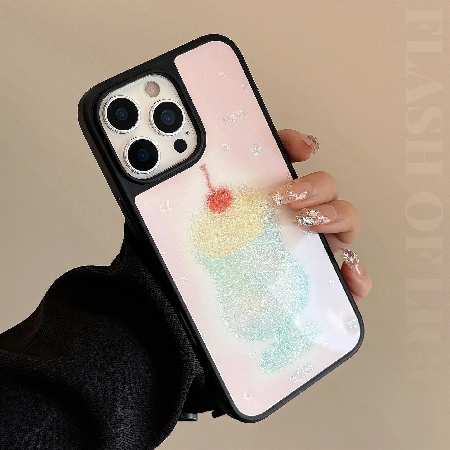 Korean Black Frame Glitter Cherry Juice Cup Phone Case For iPhone