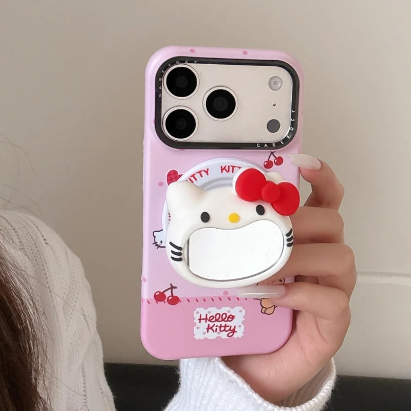 Cute Sanrio Hello Kitty Magnetic Makeup Mirror Holder Magsafe Wireless Charge Phone Case For iPhone