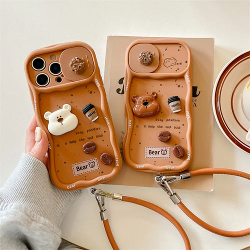 3D Coffee Cartoon Bear Phone Case With Wrist Strap For iPhone
