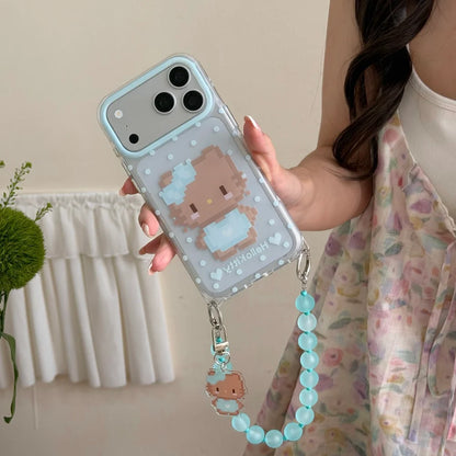 Ins Cute Pixel Hello Kitty Polka Dot Phone Case With Blue Bead Wrist Strap Pendant Shockproof Cover For iPhone