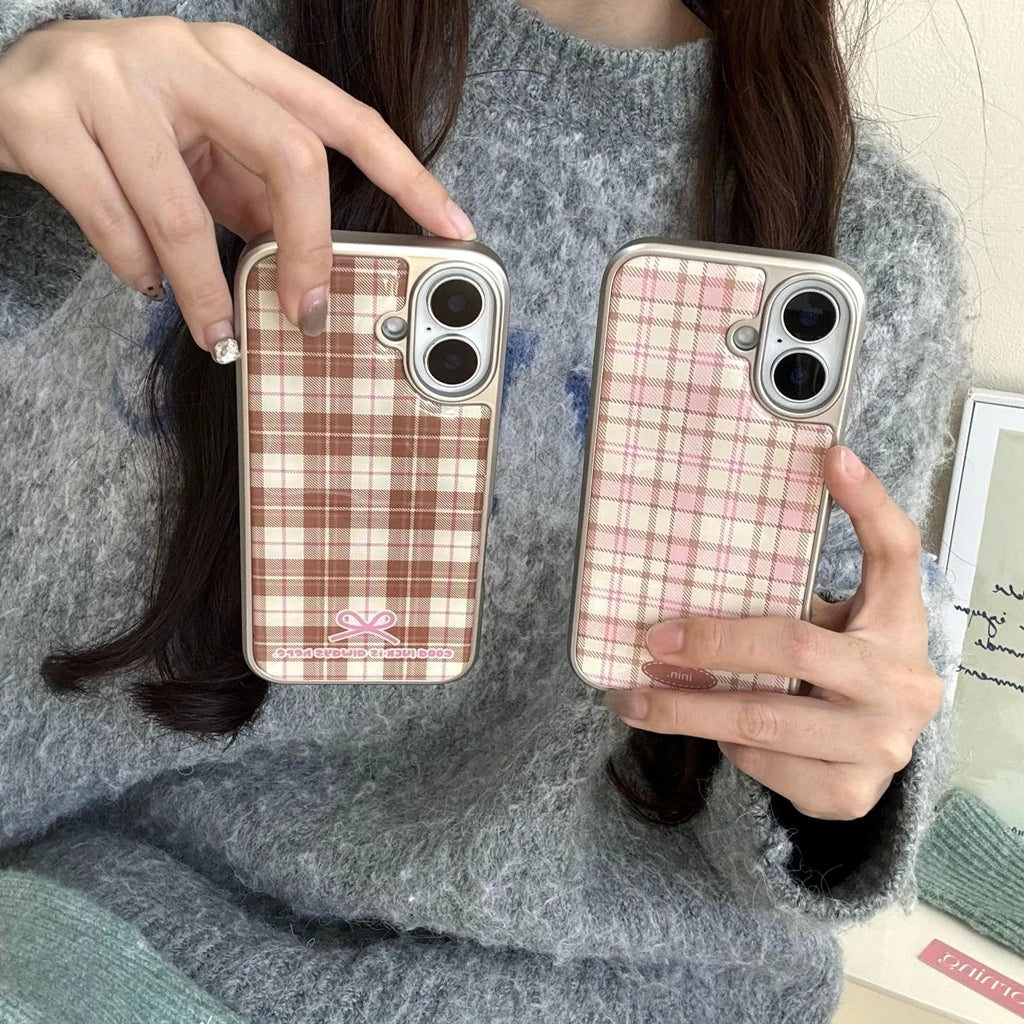 Grid Pattern Pink Bowknot Pattern Drop Glue Cover Case for iPhone Phone Case