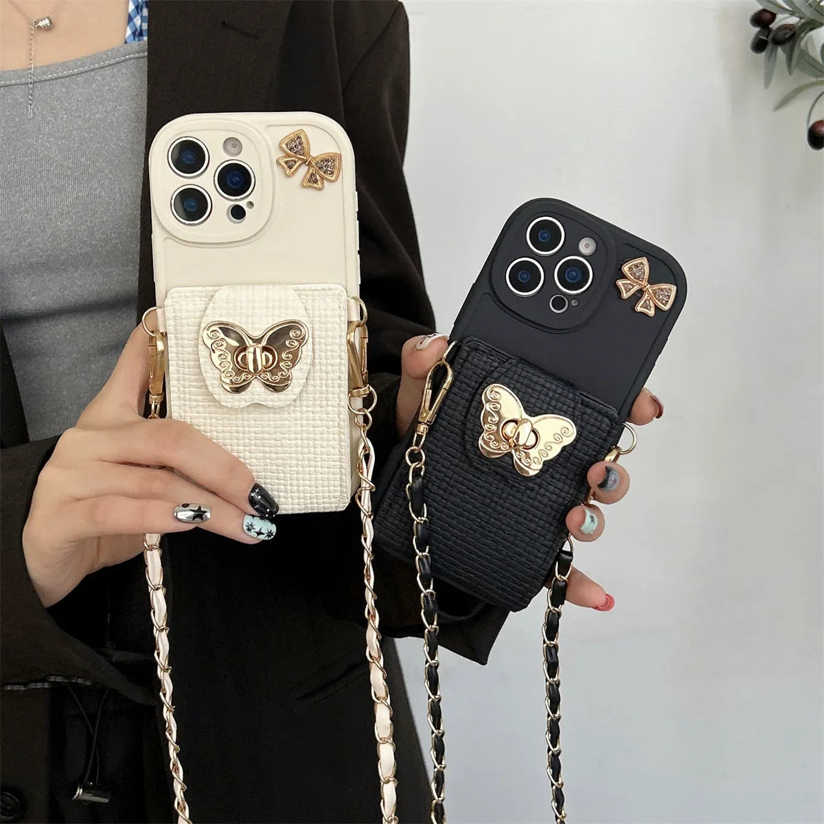 Cartoon Butterfly Crossbody Wallet Card Bag Phone Case For iPhone