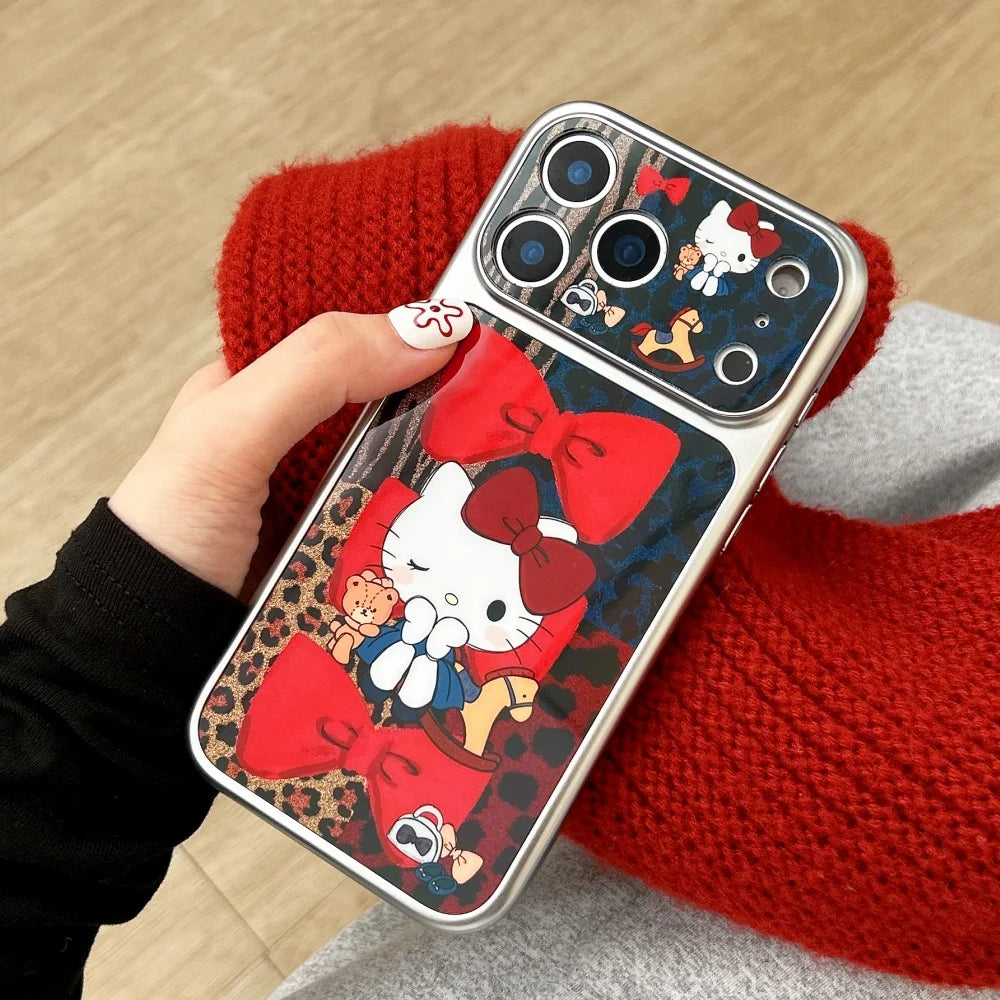 Luxury Cute Silver Framed Leopard Print Red Bow Kitty Phone Case For iPhone