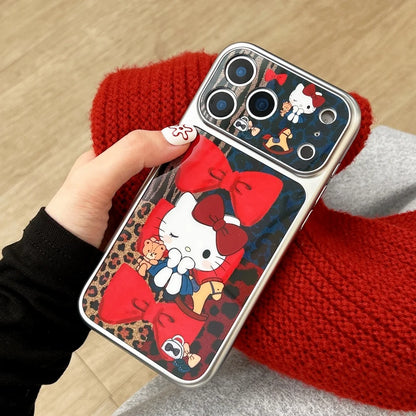 Luxury Cute Silver Framed Leopard Print Red Bow Kitty Phone Case For iPhone