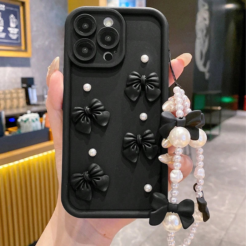 Korean 3D Bowknot Pearl Silicone Phone Case For iPhone