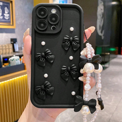 Korean 3D Bowknot Pearl Silicone Phone Case For iPhone