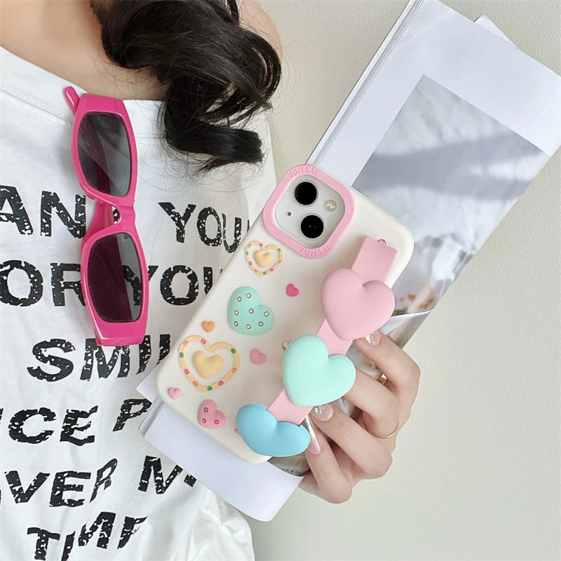 3D Love Heart Wrist Strap Phone Case For iPhone