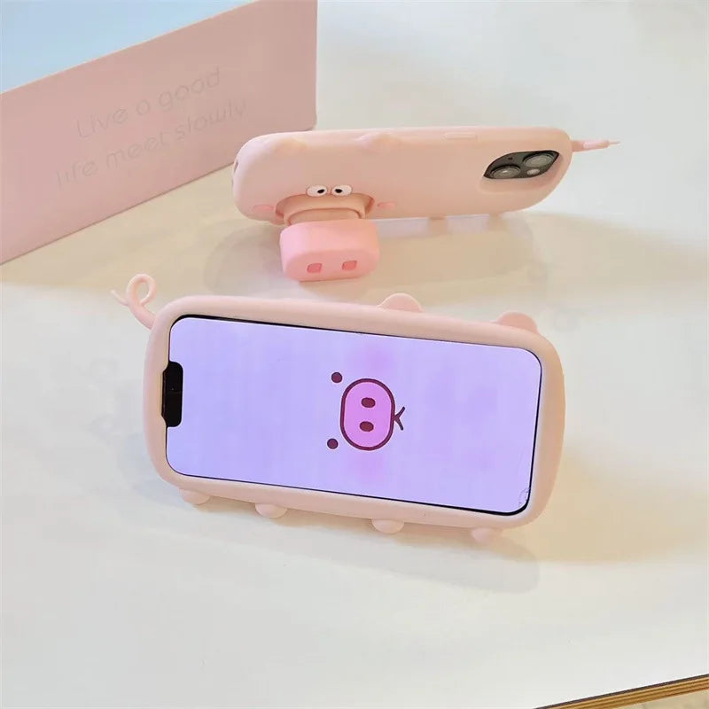 3D Cute Cartoon Pig Nose Telescopic Bracket Silicone Phone Case For iPhone
