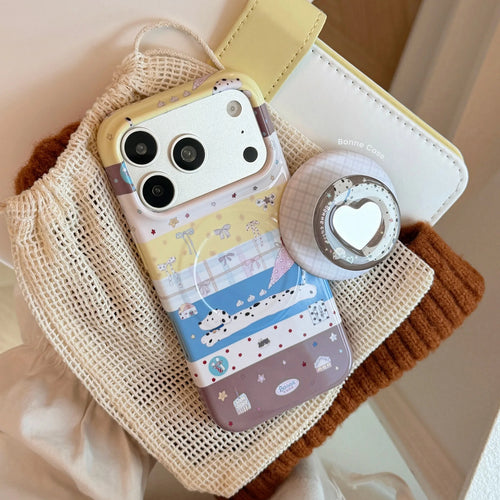 Korean Splicing Cartoon Puppy Love Heart Mirror Magnetic Bracket Phone Case For iPhone