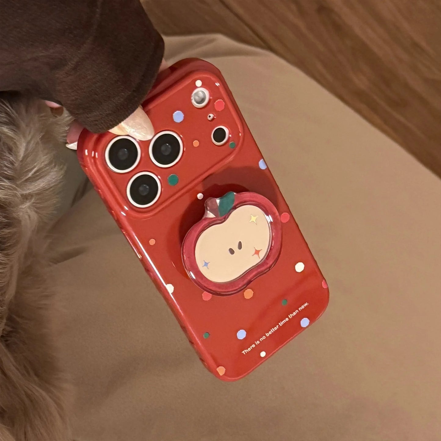 Korean Colorful Polka Dot Cartoon Red Apple Mirror Bracket Phone Case For iPhone