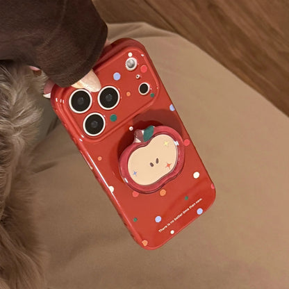Korean Colorful Polka Dot Cartoon Red Apple Mirror Bracket Phone Case For iPhone