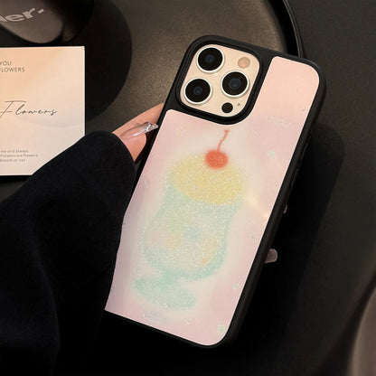 Korean Black Frame Glitter Cherry Juice Cup Phone Case For iPhone