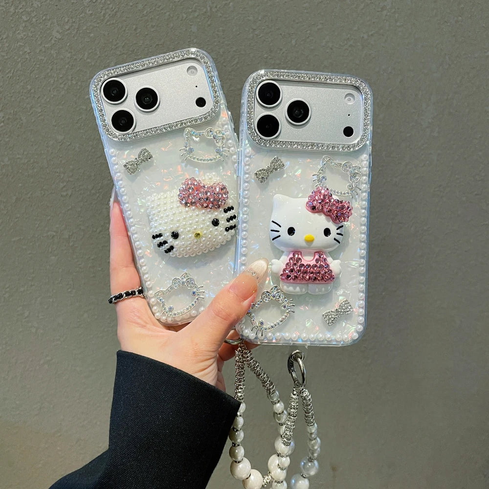 3D Cute Cartoon Sanrio Hello Kitty Bling Glitter Pearl Phone Case For iPhone