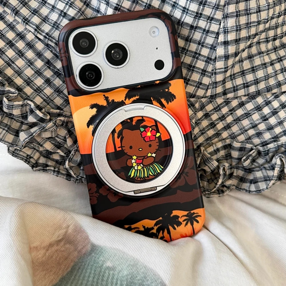 Luxury Black Skin Sanrio Hello Kitty Magnetic Stand Phone Case For iPhone