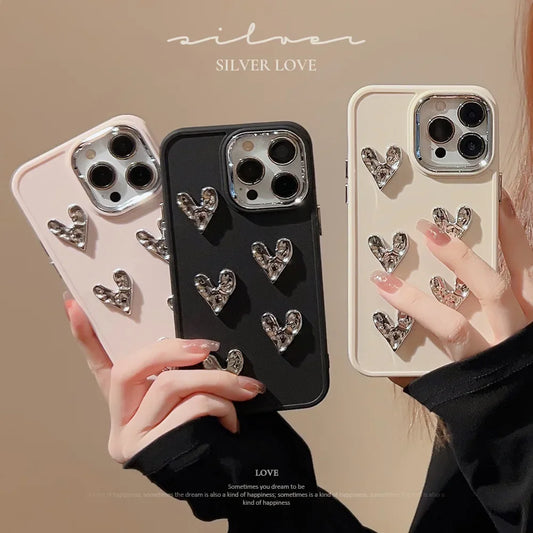 3D Silver Pleated Love Heart Phone Case For iPhone