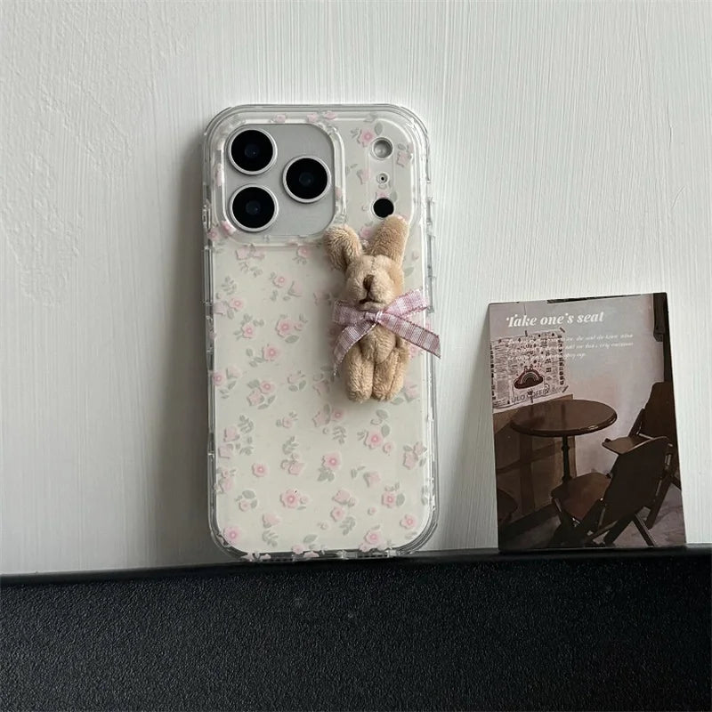 Korean Cute Flower 3D Plush Rabbit Phone Case For iPhone