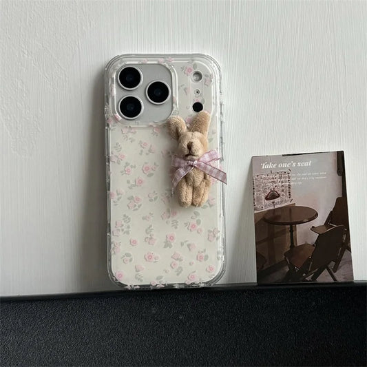 Korean Cute Flower 3D Plush Rabbit Phone Case For iPhone