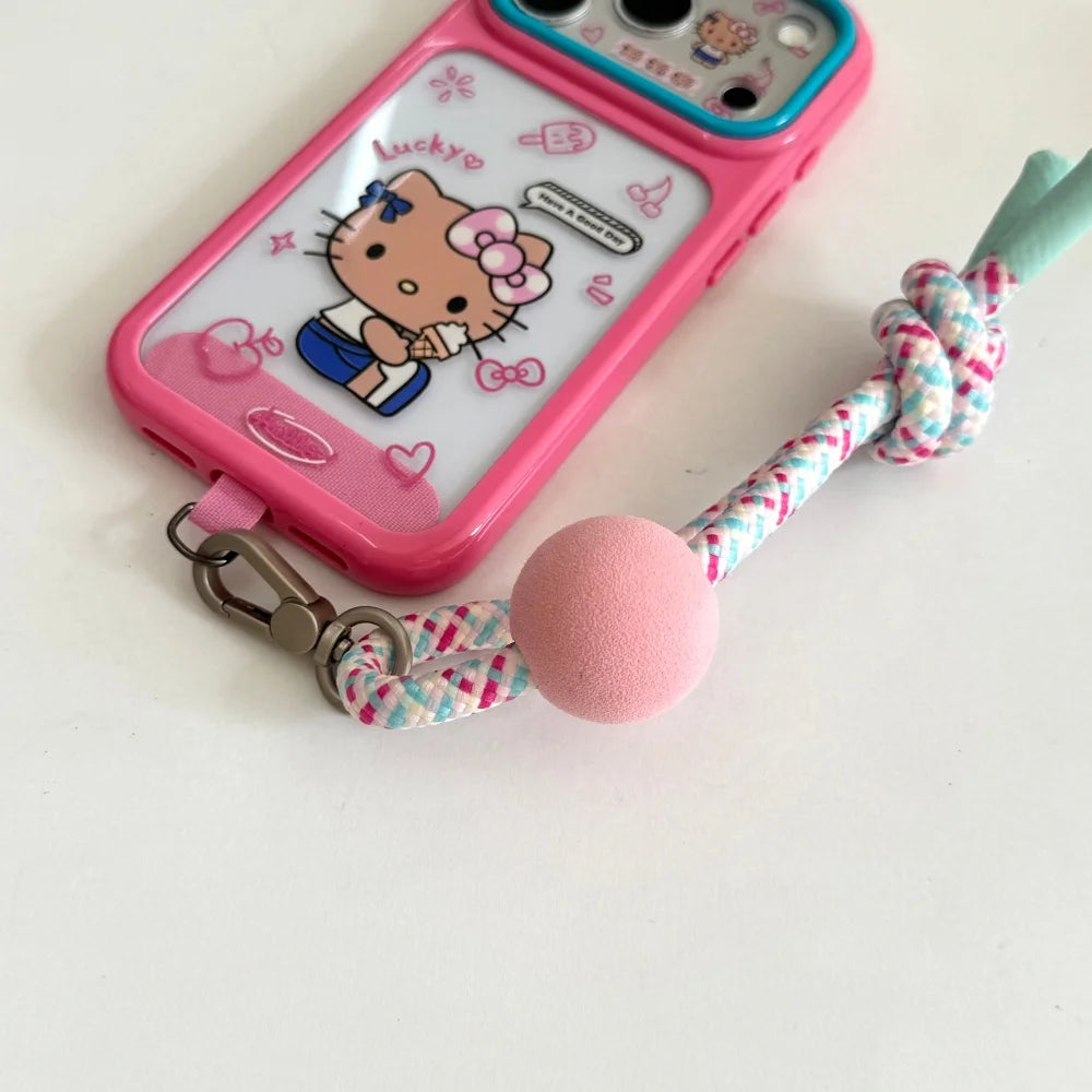 Cute Large Window Hello Kitty Phone Case With Colorful Bead Woven Wrist Lanyard Shockproof Cover For iPhone