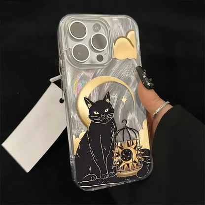 Black Cat Moon Star Birdcage Aesthetic Reflective Case For iPhone