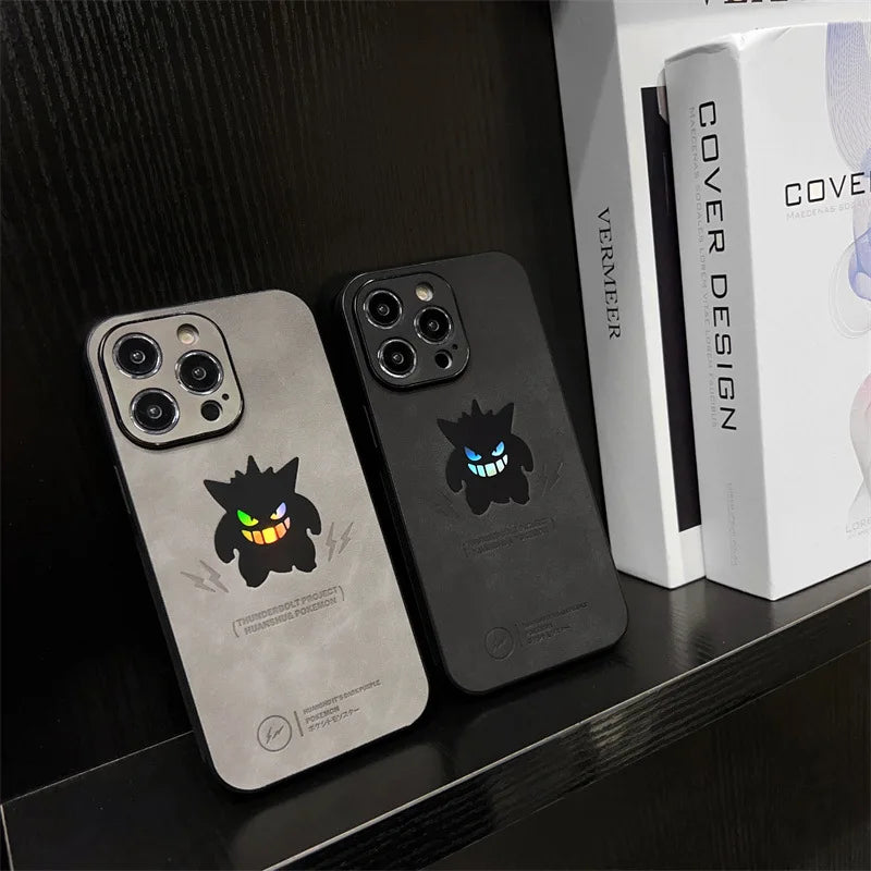 Funny Cartoon Anime Gengar Faux Leather Laser Phone Case For iPhone