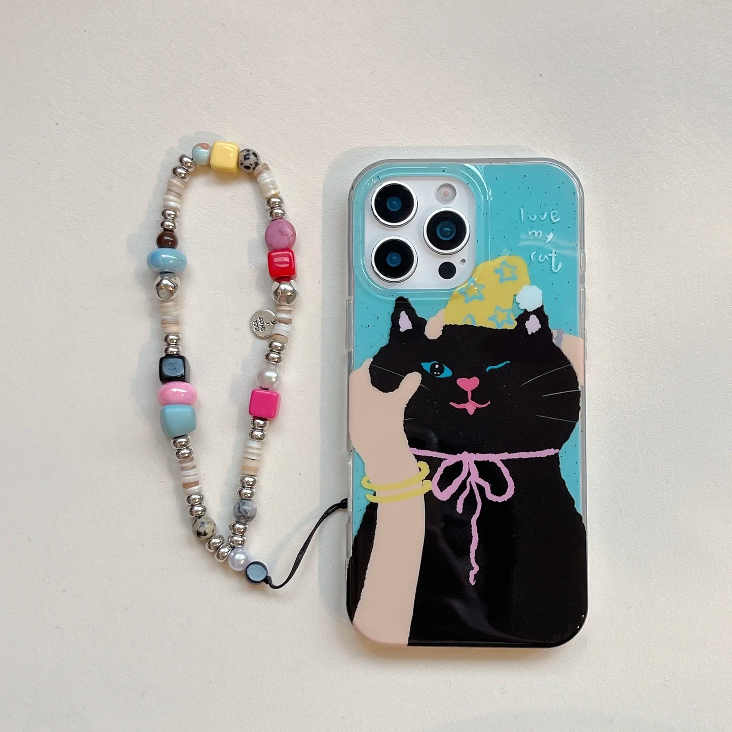 Adorable & Sweet Cute Black Cat with Colorful Beaded Chain Lovely Phone Case