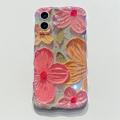 Luxury Blue Light Oil Painting Flowers Wavy Phone Case For iPhone