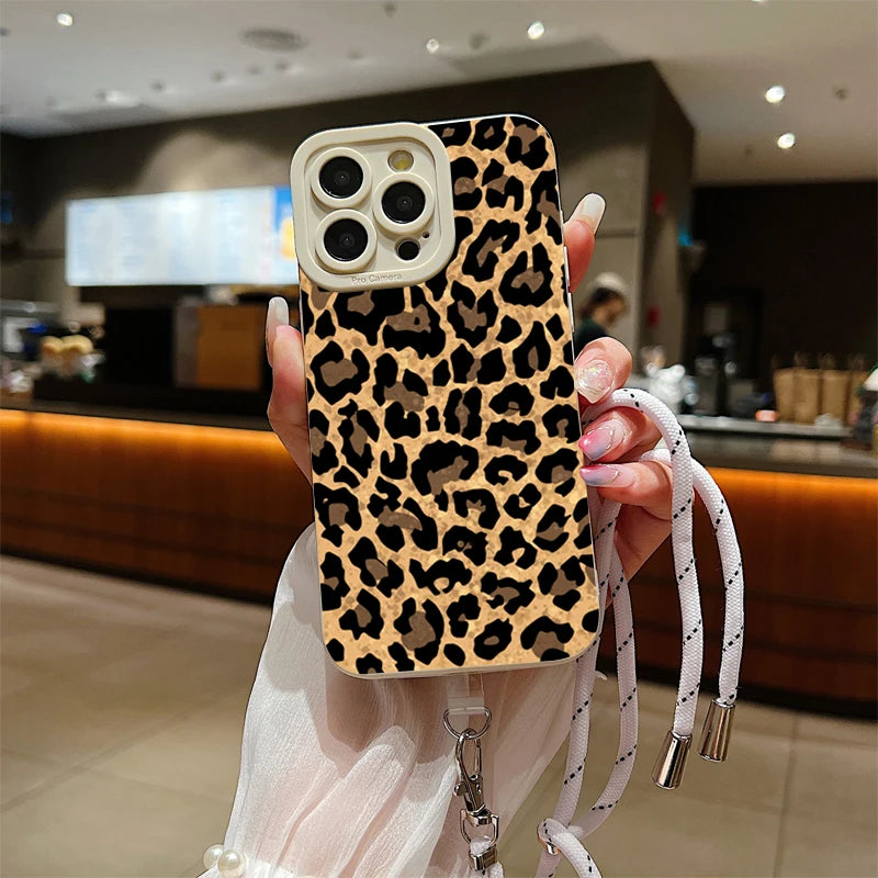 Brown Leopard Lanyard Strap Phone Case For iPhone