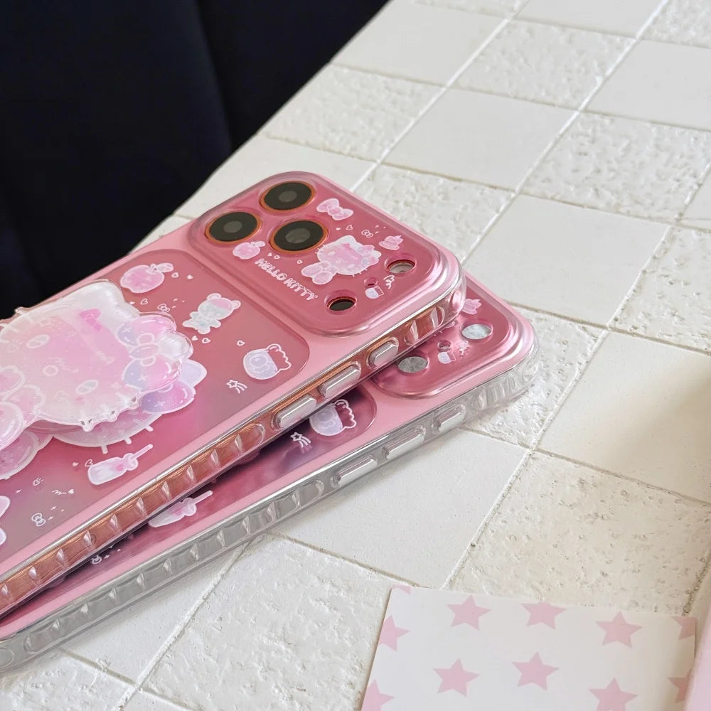 Kawaii Cartoon Sanrio Cute 3D Cartoon Pink KT Stand Holder Phone Case For iPhone