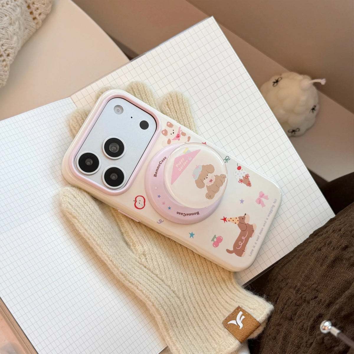 Korean Graffiti Cartoon House Puppy Doll Magnetic Bracket Phone Case For iPhone
