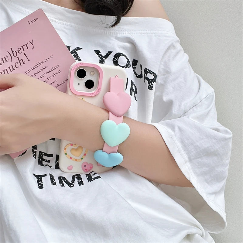 3D Love Heart Wrist Strap Phone Case For iPhone