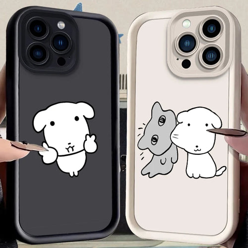 Minimalist Line Drawing Happy White Puppy Gray Kitten Case For iPhone