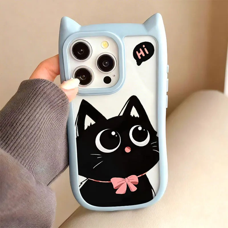 Cute Big Eyed Cat Pattern Cat's Ears Phone Case For iPhone