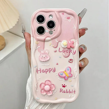 Sweet Style Pink 3D Bunny Flowers Wavy-Edge Phone Case For iPhone