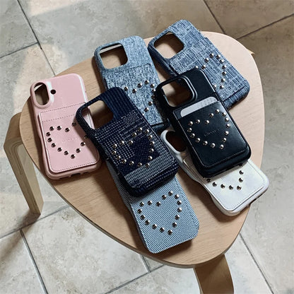 Fashion Riveted Love Card Holder Bag Denim Phone Case
