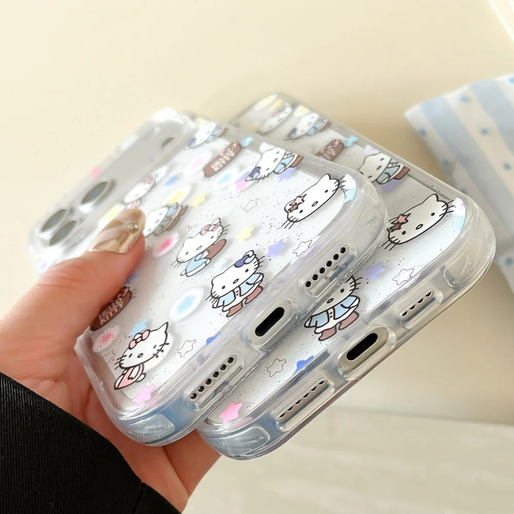 Star Kitty Cat Sparkling Pink Edge Transparent Case Phone Case For iPhone
