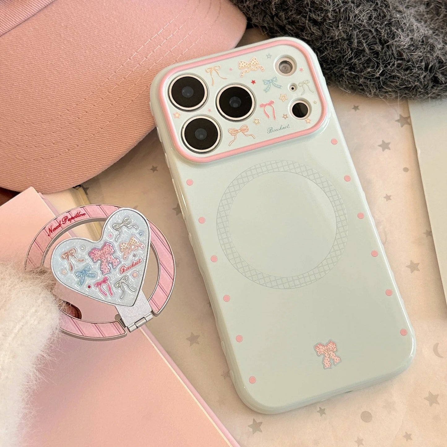 Korean Fold Love Heart Glitter Colorful Bowknot Magnetic Holder Phone Case For iPhone