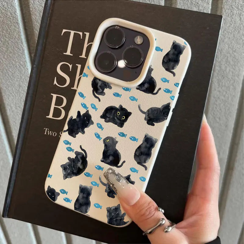 Cute Black Cat Blue Fish Pattern Silicone Phone Case For iPhone