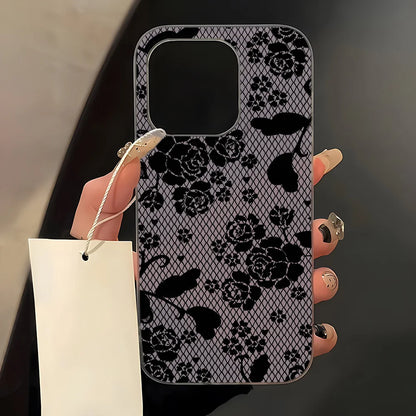 Black Lace Pattern Rose Flower Phone Case For iPhone