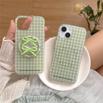 Simple Green Plaid Pattern Magnetic Phone Case