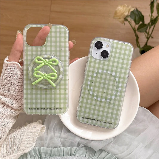 Simple Green Plaid Pattern Magnetic Phone Case